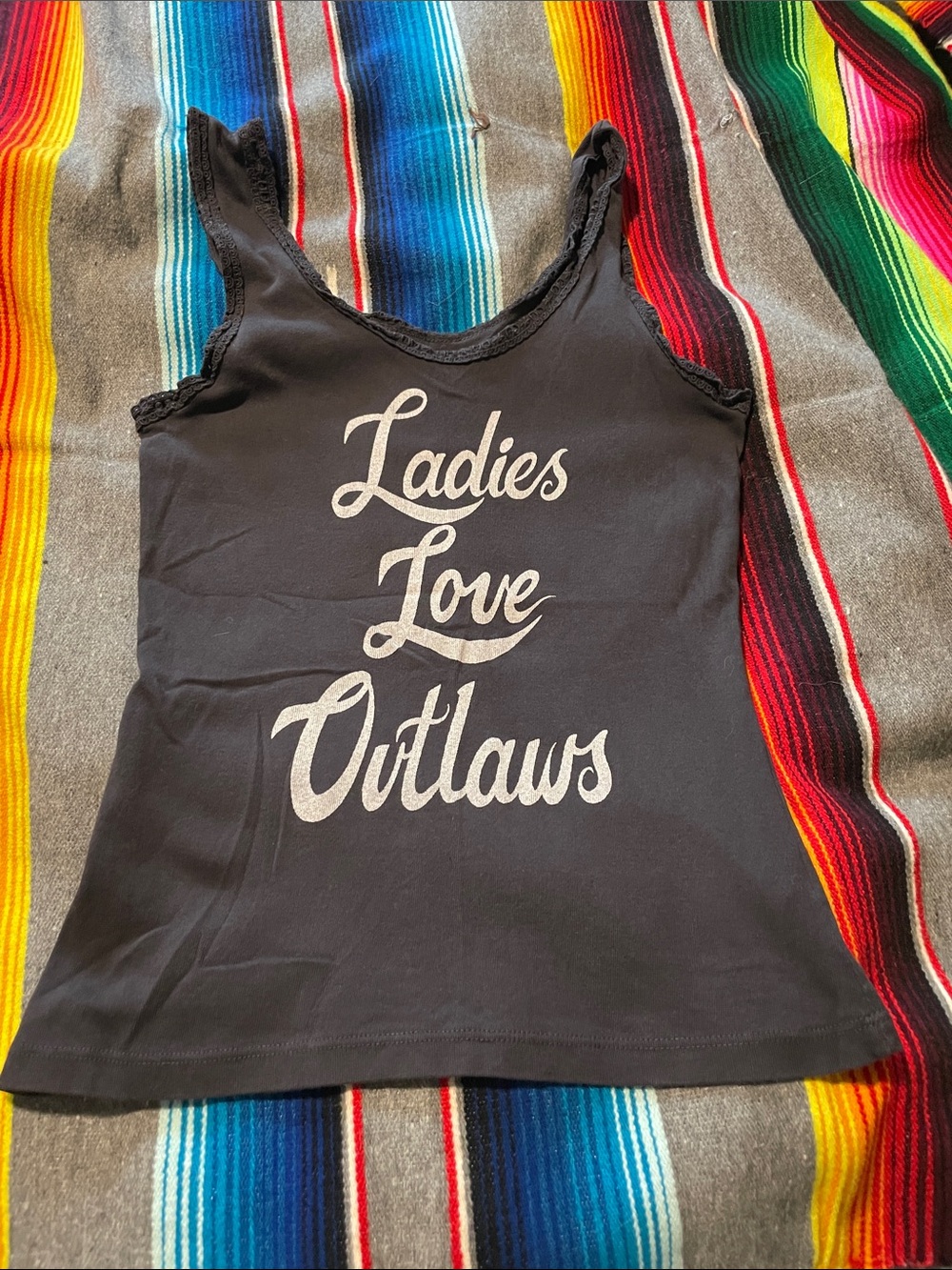 Ladies Love Outlaws Black Graphic 70’s style Lace-Trim Tank